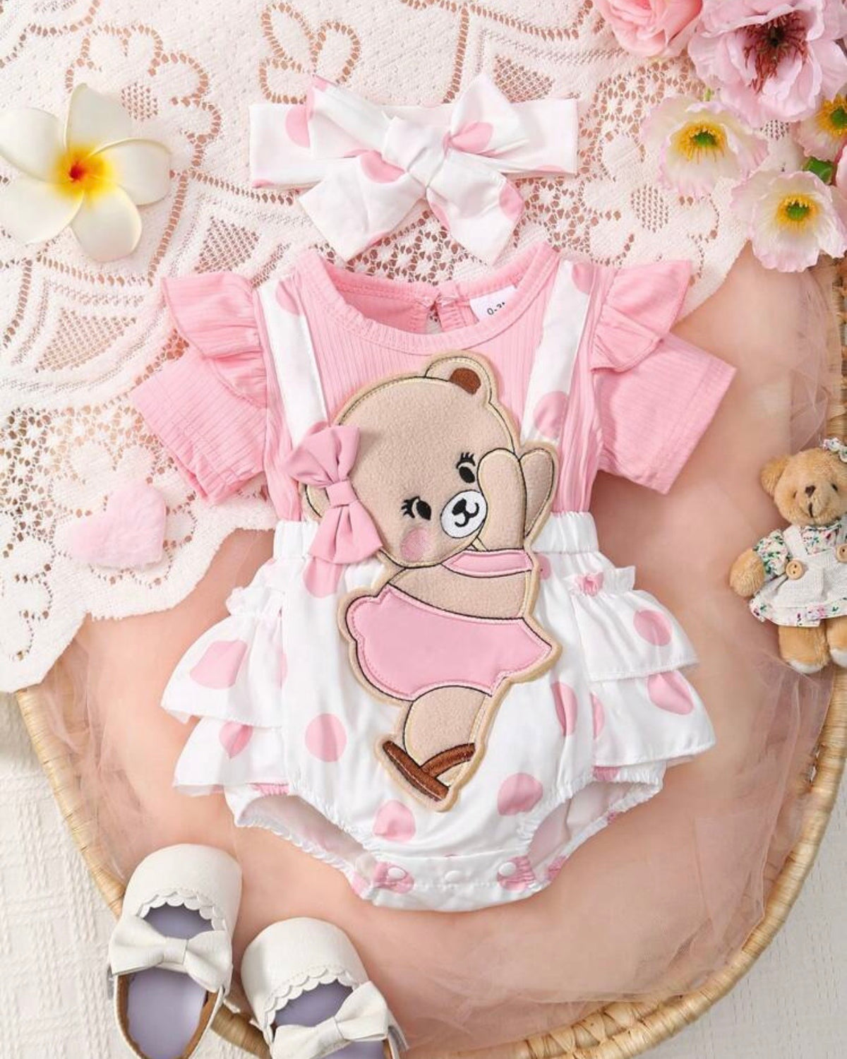 Baby Girls' Pink Ruffle Sleeve Patchwork Cartoon Bear Bow Embroidered Dress + Headband