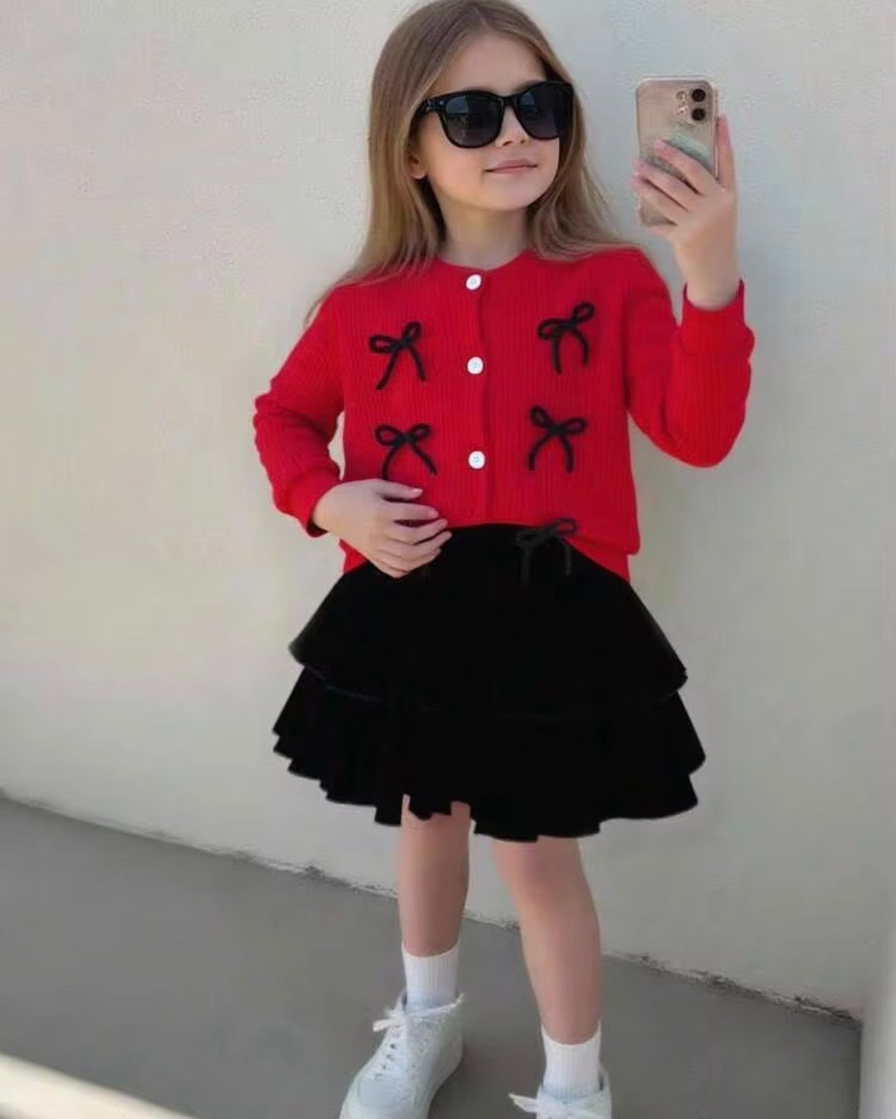 Girls Bow Decor Round Neck Long Sleeve Apricot Cardigan And Skirt