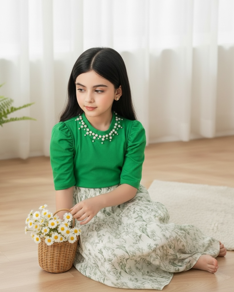 Tween Girl 2Pcs Outfit – Green Faux Pearl Top & Floral Ruffle Skirt Set