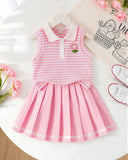 Girls Pink Flower Embroidered Outfit Set – Sleeveless Polo Shirt & Pleated Skirt