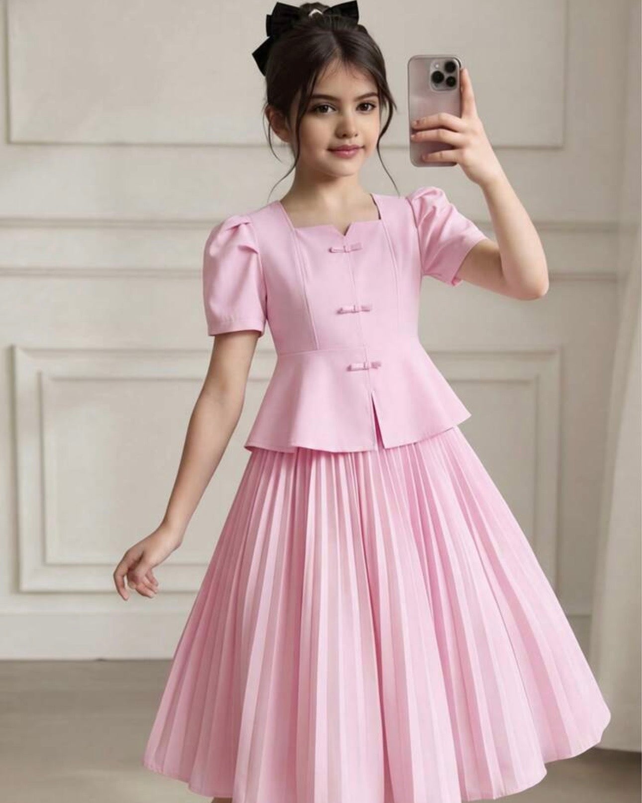 Girls’ Square Collar Puff Sleeve Top & Pleated Skirt Set