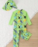 Boys Green Animals Print Long Sleeve One-Piece Swimsuit and Hat