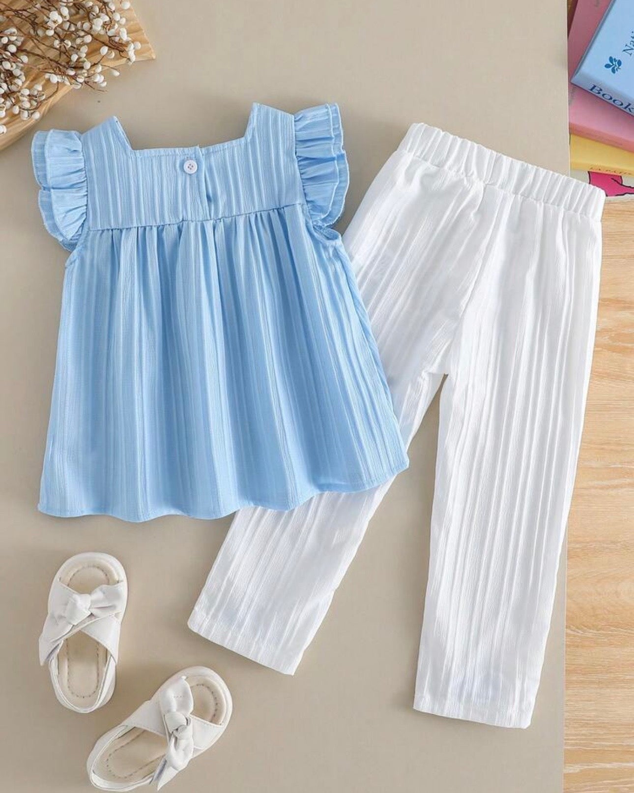 Girls Blue 3D Floral Top & Casual Pants Set