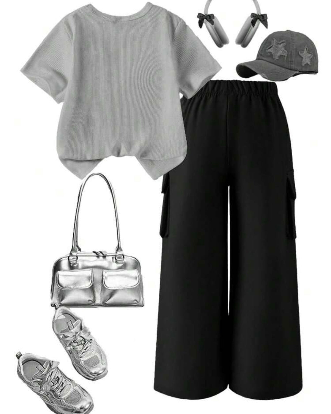 Girls Black Bow Embroidery Grey T-Shirt & Cargo Pants Set