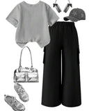 Girls Black Bow Embroidery Grey T-Shirt & Cargo Pants Set