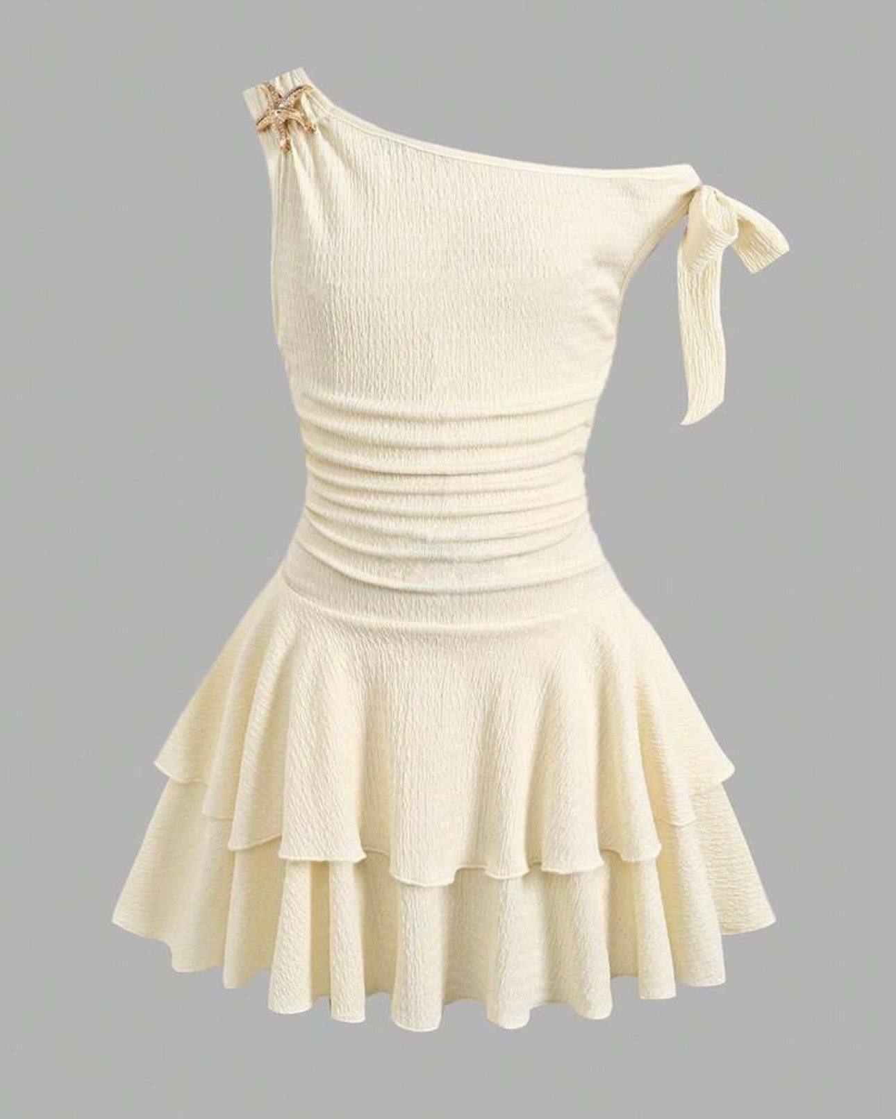 Girls White One-Shoulder Ruched Layered Cake Dress with Metal Starfish