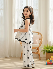 Girls’ Bow Print Black and White Halter Top & Wide-Leg Pants Set