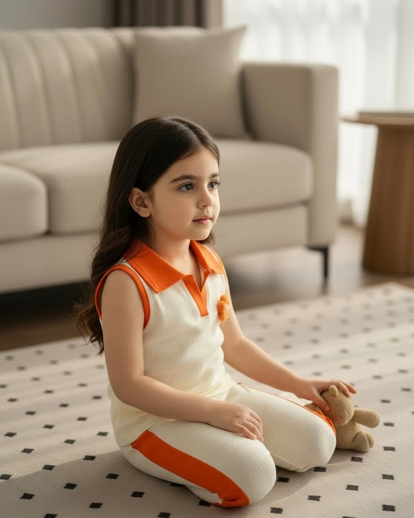 2pcs Girls 3D Floral Knitted White and Orange Polo Vest And Flared Pants