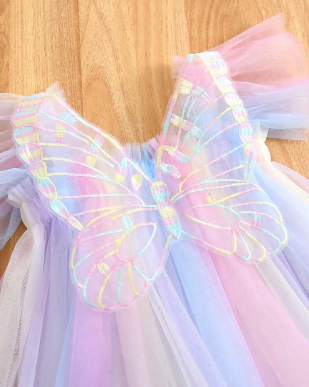 Girls Rainbow Tulle Princess Party Dress with 3D Butterfly Appliqué