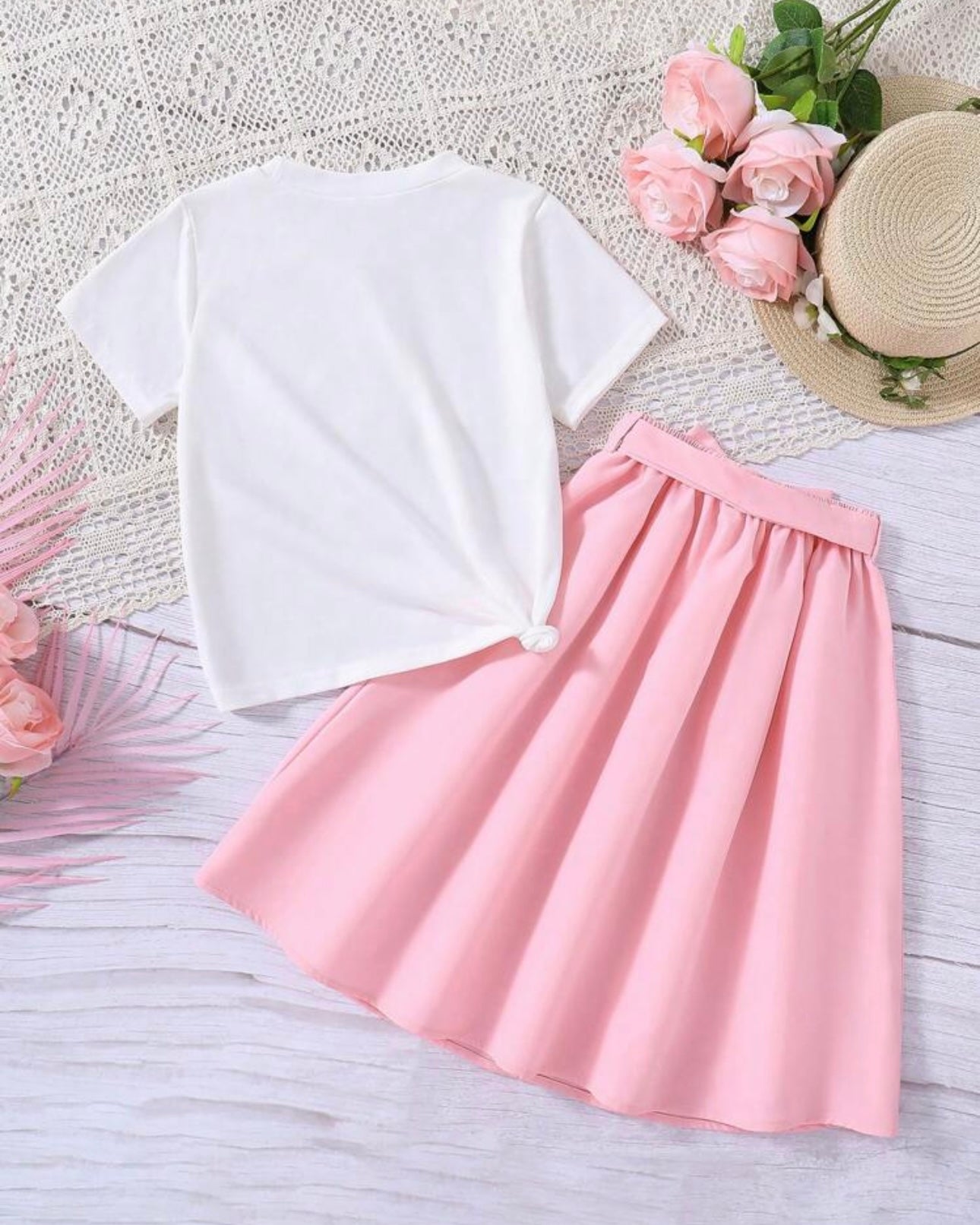 Tween Girl Cartoon Printed Pink Short Sleeve T-Shirt And Waist-Tied Skirt