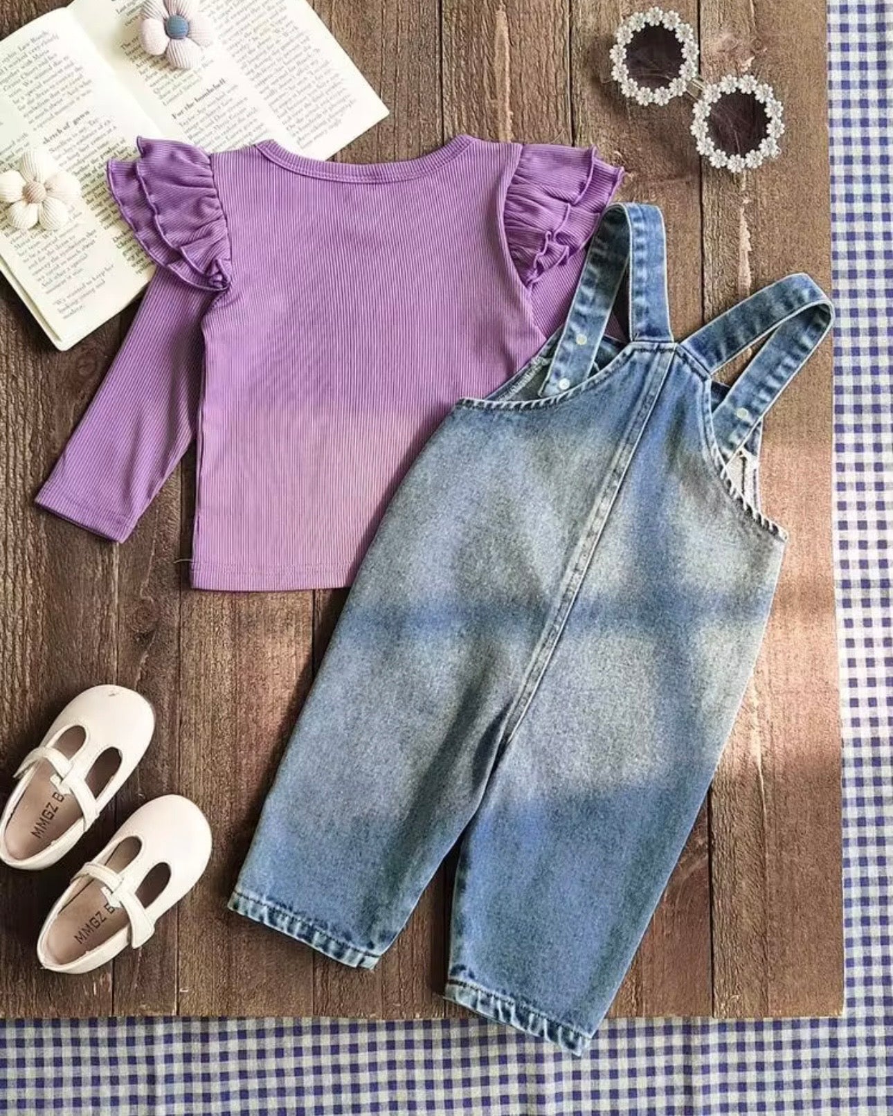 Baby Girls Purple Floral Embroidered Denim Overall Set