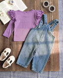Baby Girls Purple Floral Embroidered Denim Overall Set