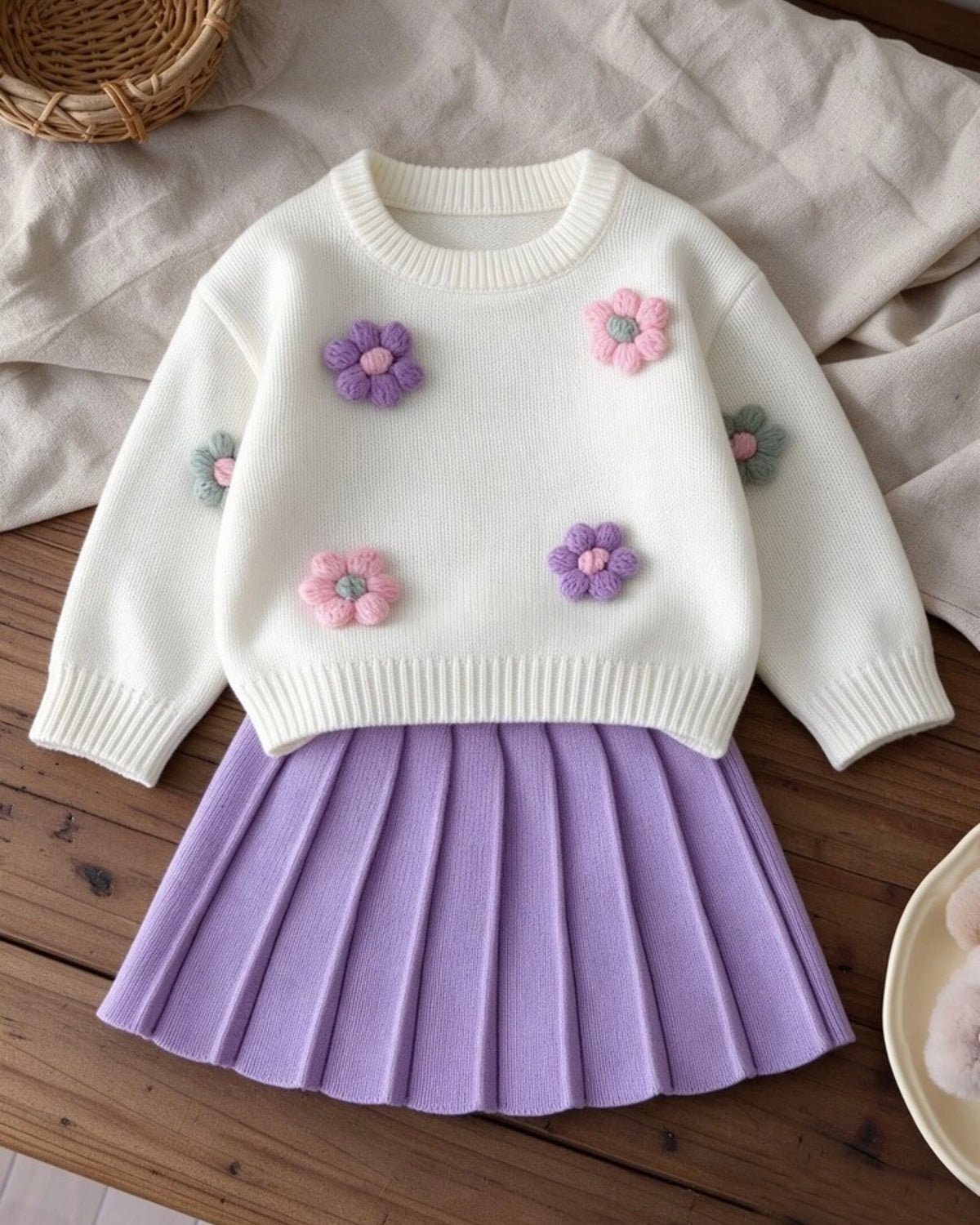 Baby Girl Sweater Set 3D Colorful Floral Round Neck Knit 2 Pieces Set