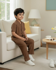 2pc Boys Brown Textured Shirt & Trouser Set