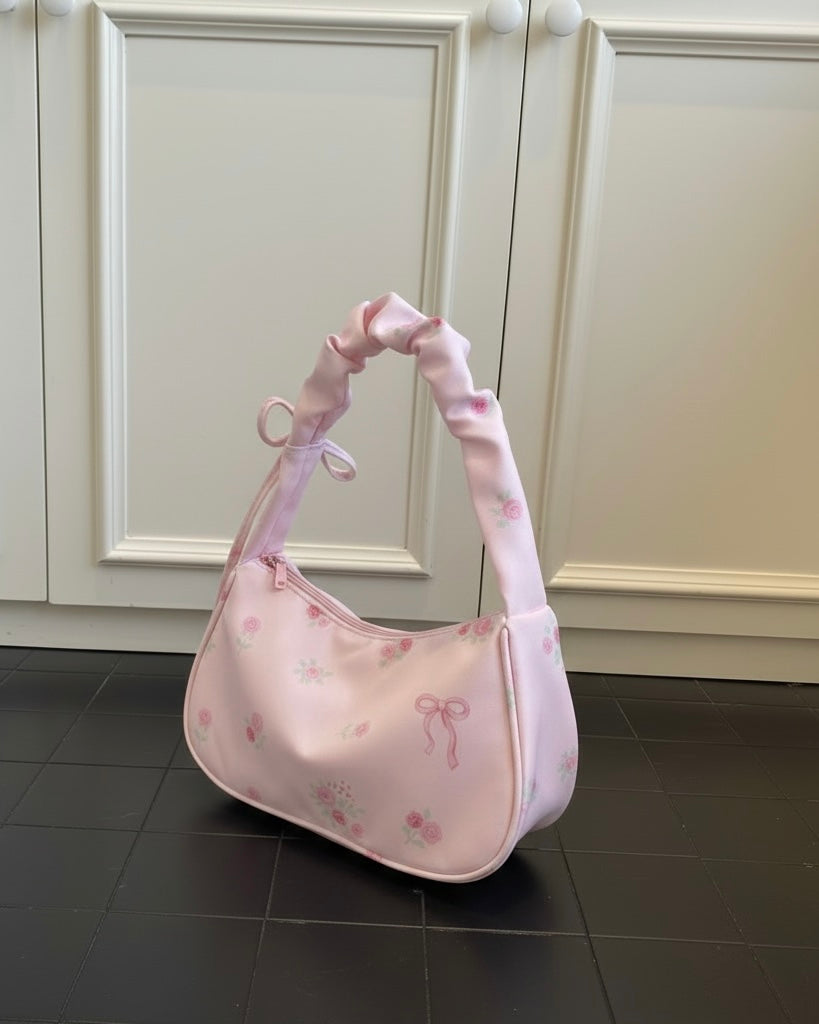 Pink Floral Bow Print Shoulder Bag