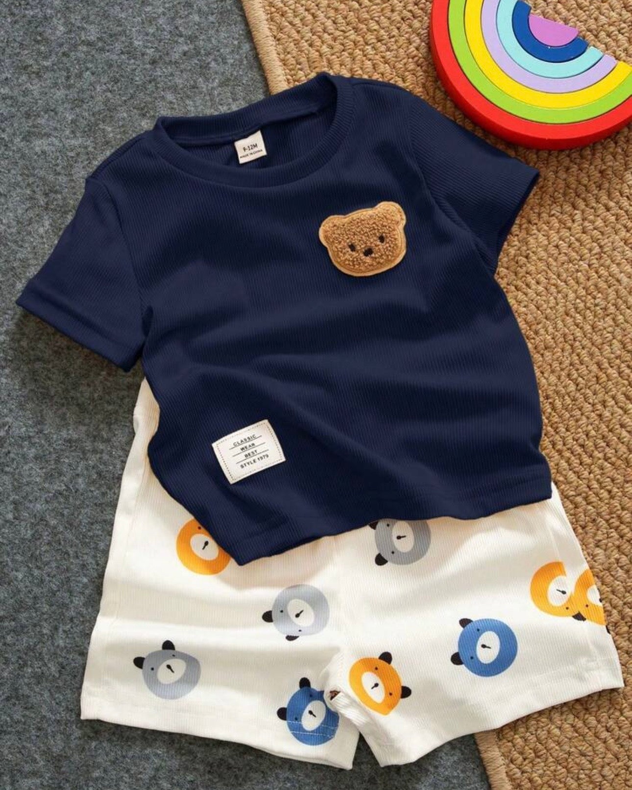 Baby Boy Bear Blue Ribbed Summer Set