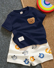 Baby Boy Bear Blue Ribbed Summer Set