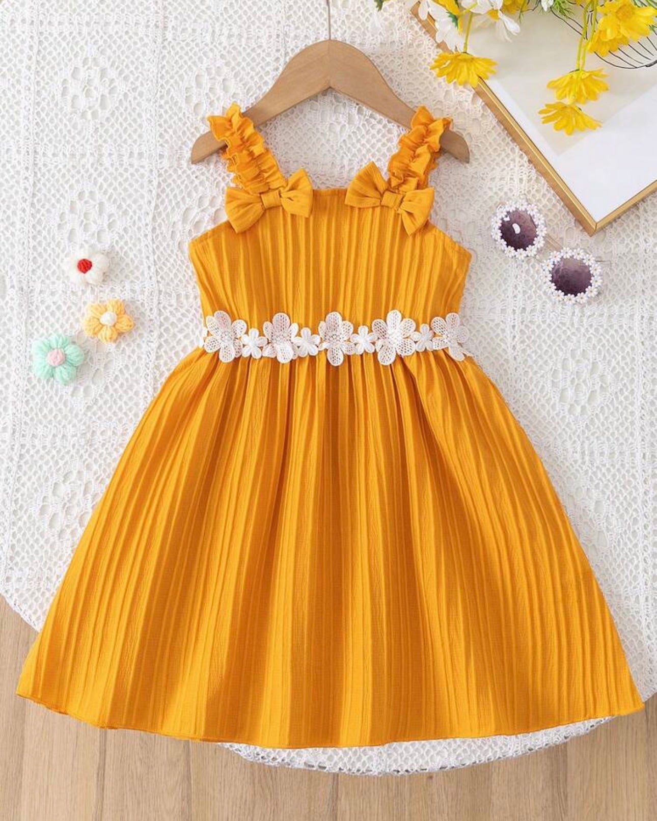 Striped 3D Bow Hollow Floral Wide Strap A-Line Dress
