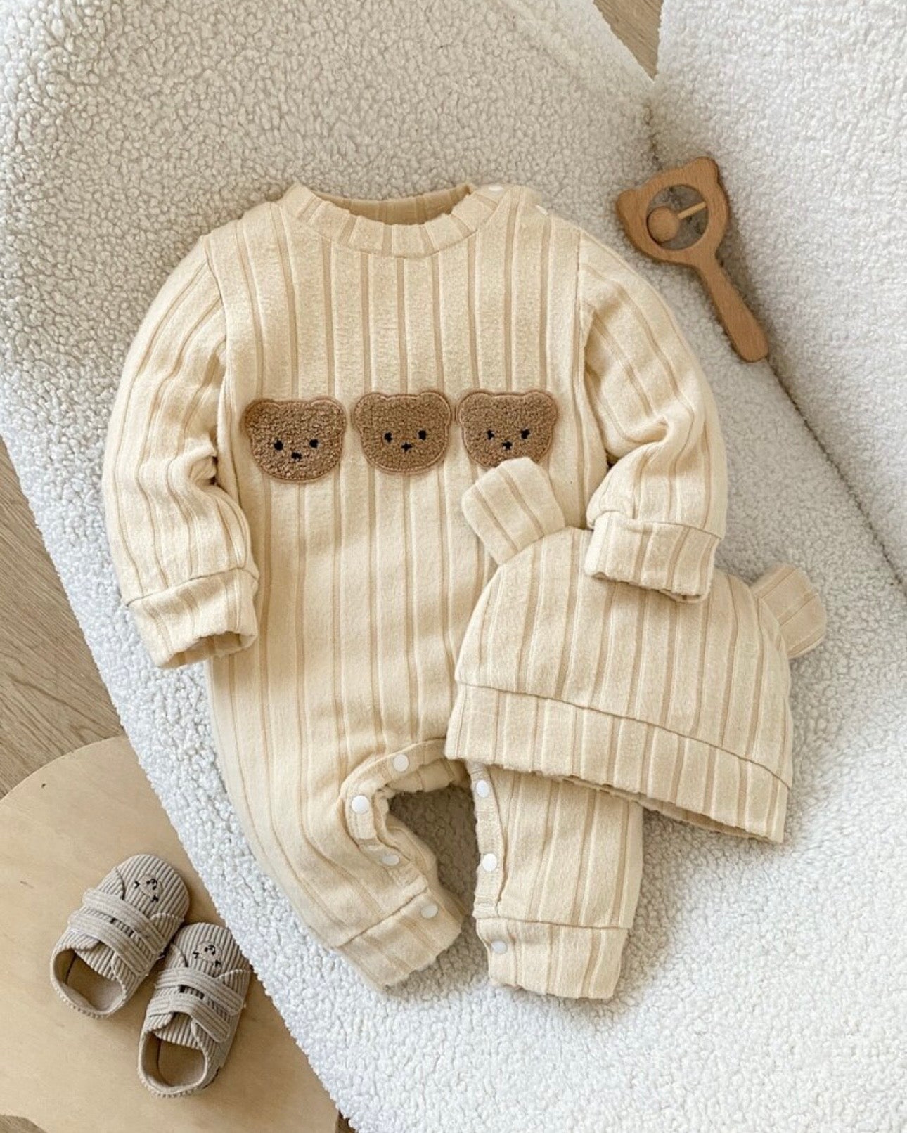 Newborn Winter Knitted Beige Ribbed Long Sleeve Romper With Hat
