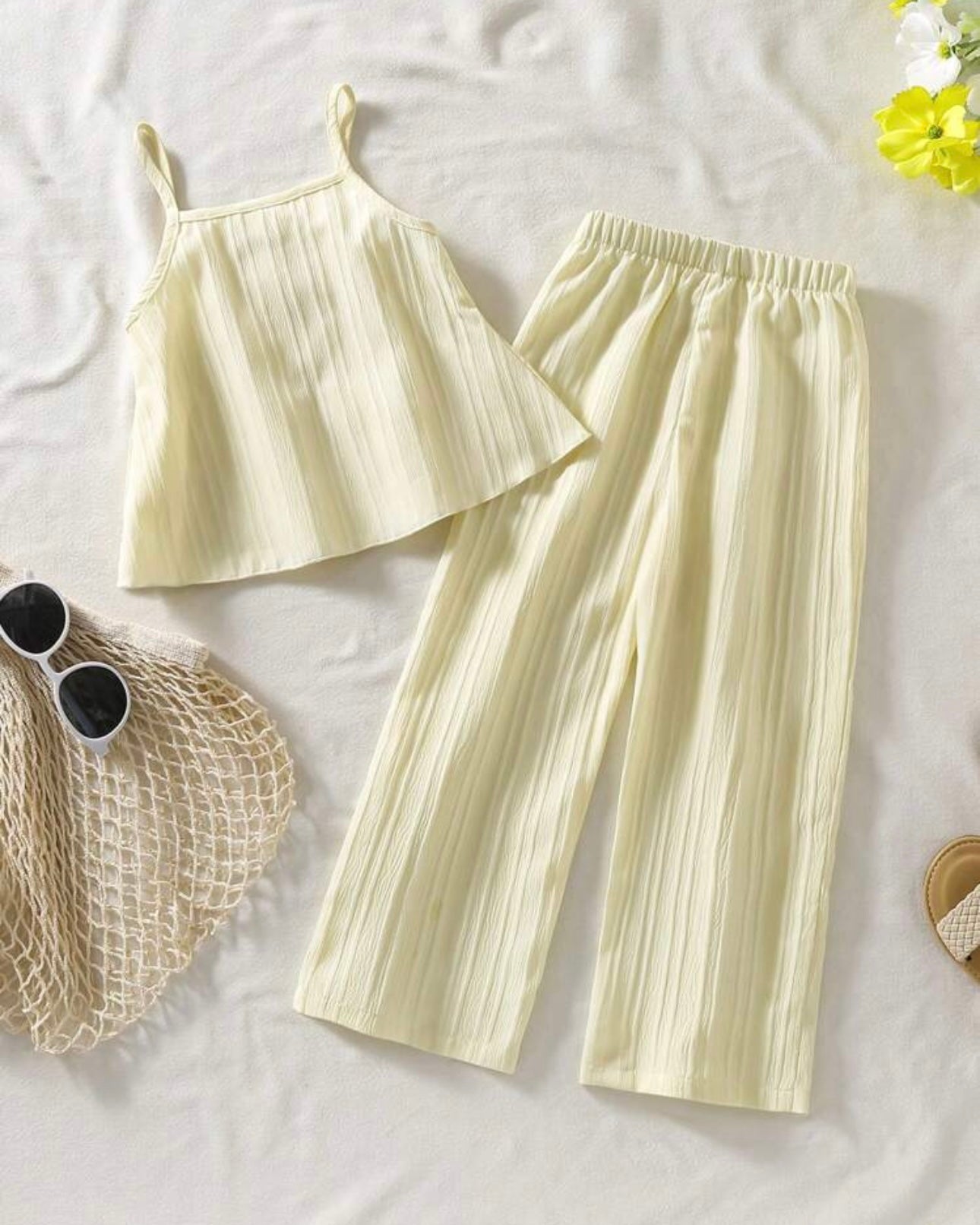 2pcs Yellow Ruffle Trim Camisole & Wide Leg Pants