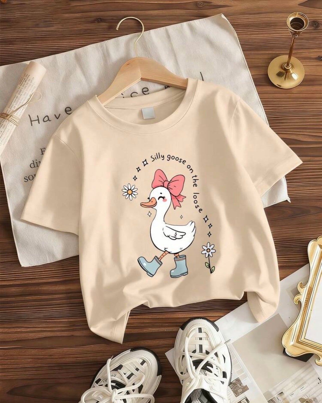 Girls’ Beige Duck Print Short Sleeve T-Shirt