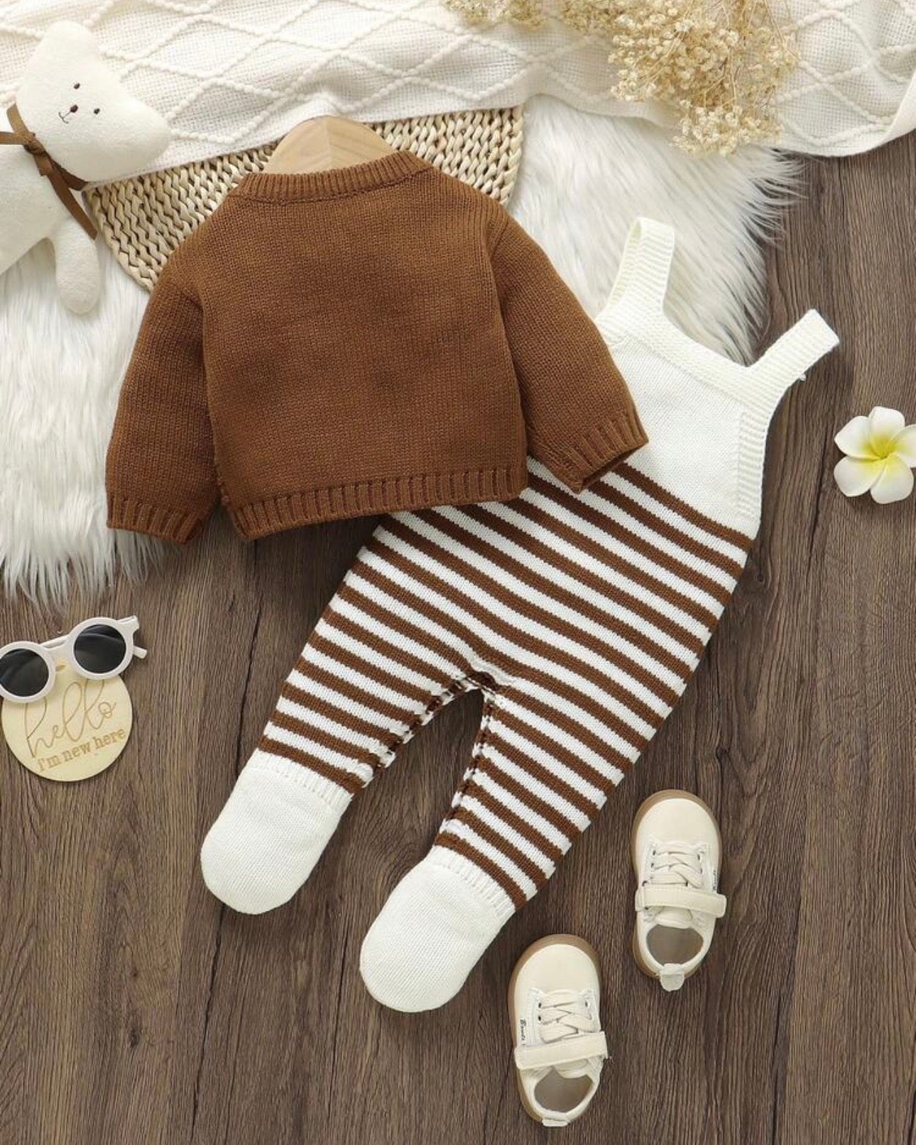 Newborn Baby Brown and White Striped Cardigan + Suspender Romper