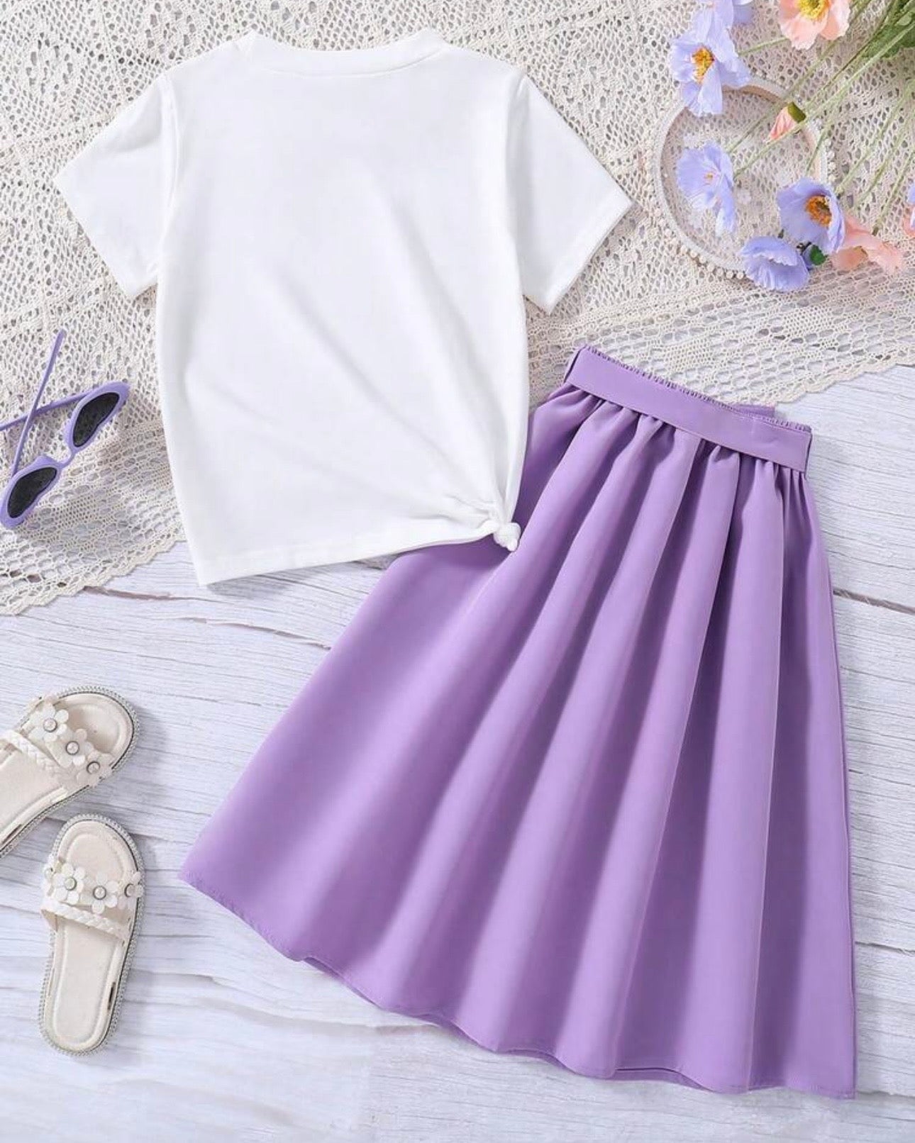 Butterfly Pattern Printed Short Sleeve T-Shirt And Elastic Waist Skirt