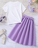 Butterfly Pattern Printed Short Sleeve T-Shirt And Elastic Waist Skirt