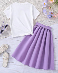 Butterfly Pattern Printed Short Sleeve T-Shirt And Elastic Waist Skirt
