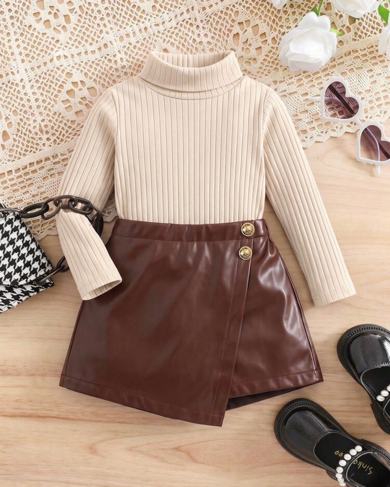 Baby Girl 2PCS Brown Faux Leather Shorts and Top