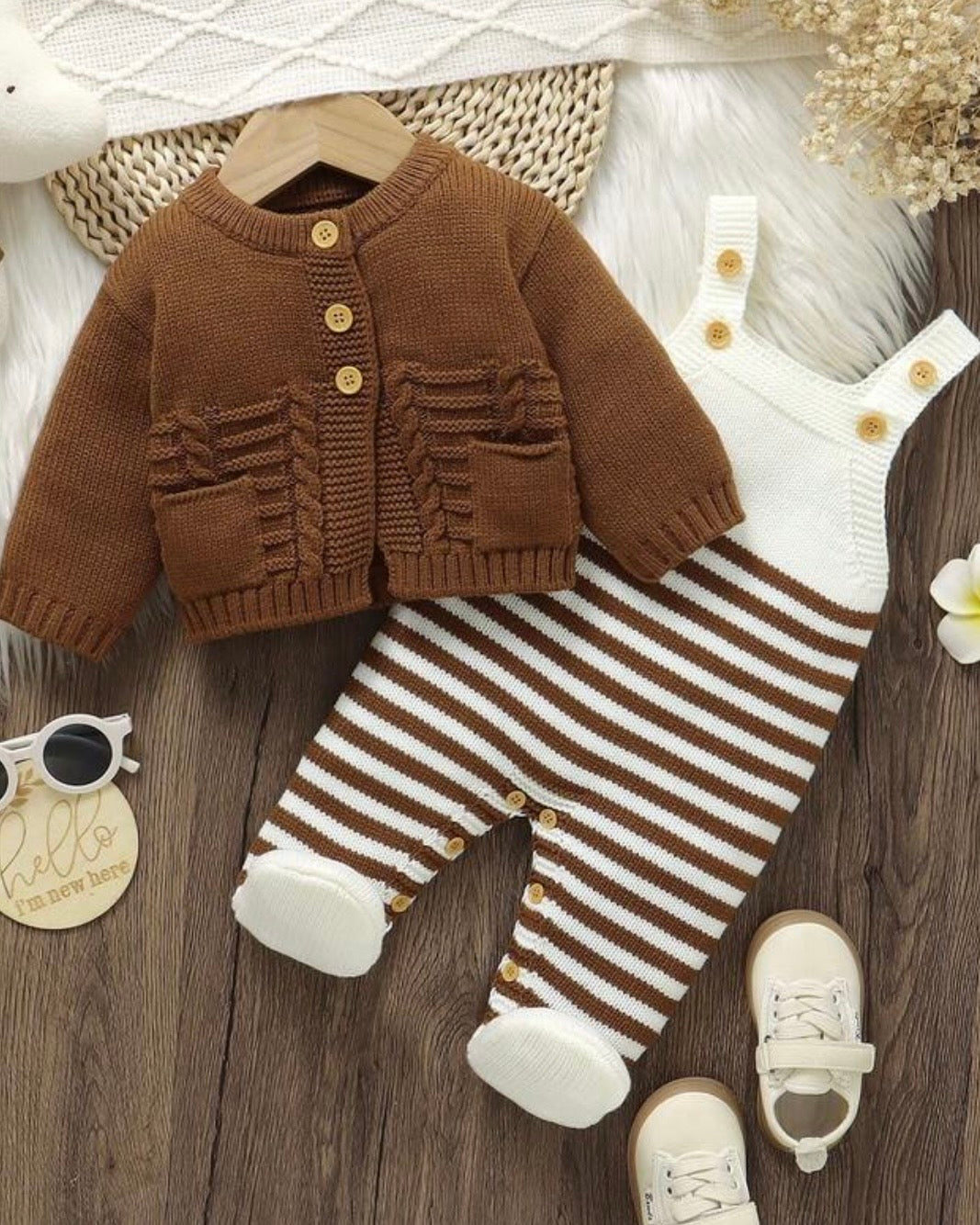 Newborn Baby Brown and White Striped Cardigan + Suspender Romper