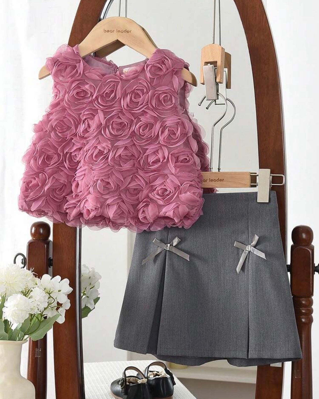 2pcs Girls Pink 3D Floral Sleeveless Top And Skirt