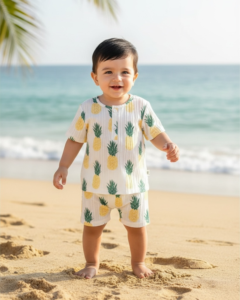 Baby Boy cute Pineapple Print 2PC Summer Set – Half Sleeve T-Shirt & Shorts