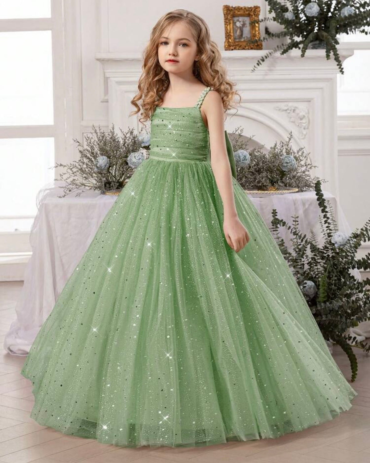 Girls Pearl Strap Star Mesh Bow Mint Green Princess Dress
