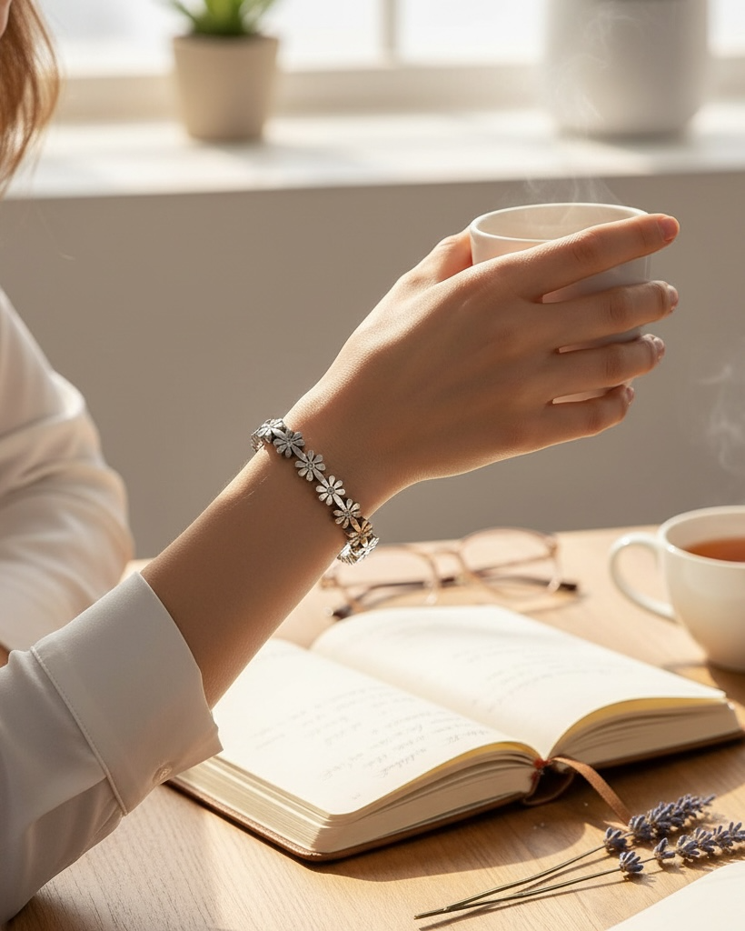 Anti-Tarnish Silver Daisy and Zirconia Bracelet