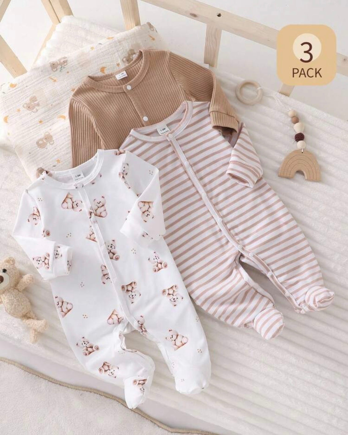 3-Piece Baby Footed Romper Set – Cute White Bear Print & Striped