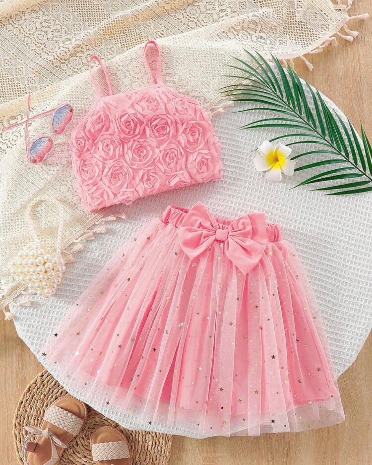 Young Girls Floral Embroidery Top & Star Mesh Skirt 2-Piece Set