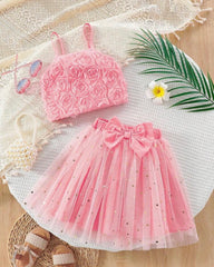 Young Girls Floral Embroidery Top & Star Mesh Skirt 2-Piece Set