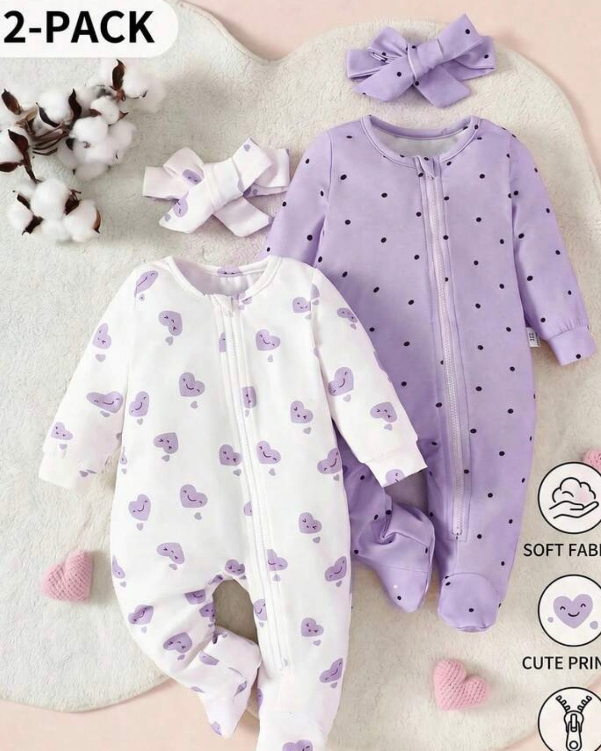 Newborn Baby Girl 4pc Set – Heart & Polka Dot Long Sleeve Zipper Romper with Headband