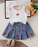 Girls Cherry Embroidered Top & Frilled Denim Skirt Set (3 Colours)