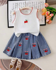 Girls Cherry Embroidered Top & Frilled Denim Skirt Set (3 Colours)