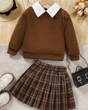 Young Girl Contrast Collar Sweatshirt & Plaid Pleated Skirt