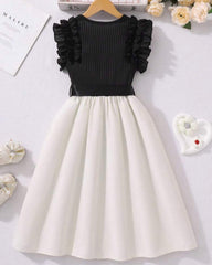 Girl Black and White Ruffle Trim Sleeveless Elegant Dress