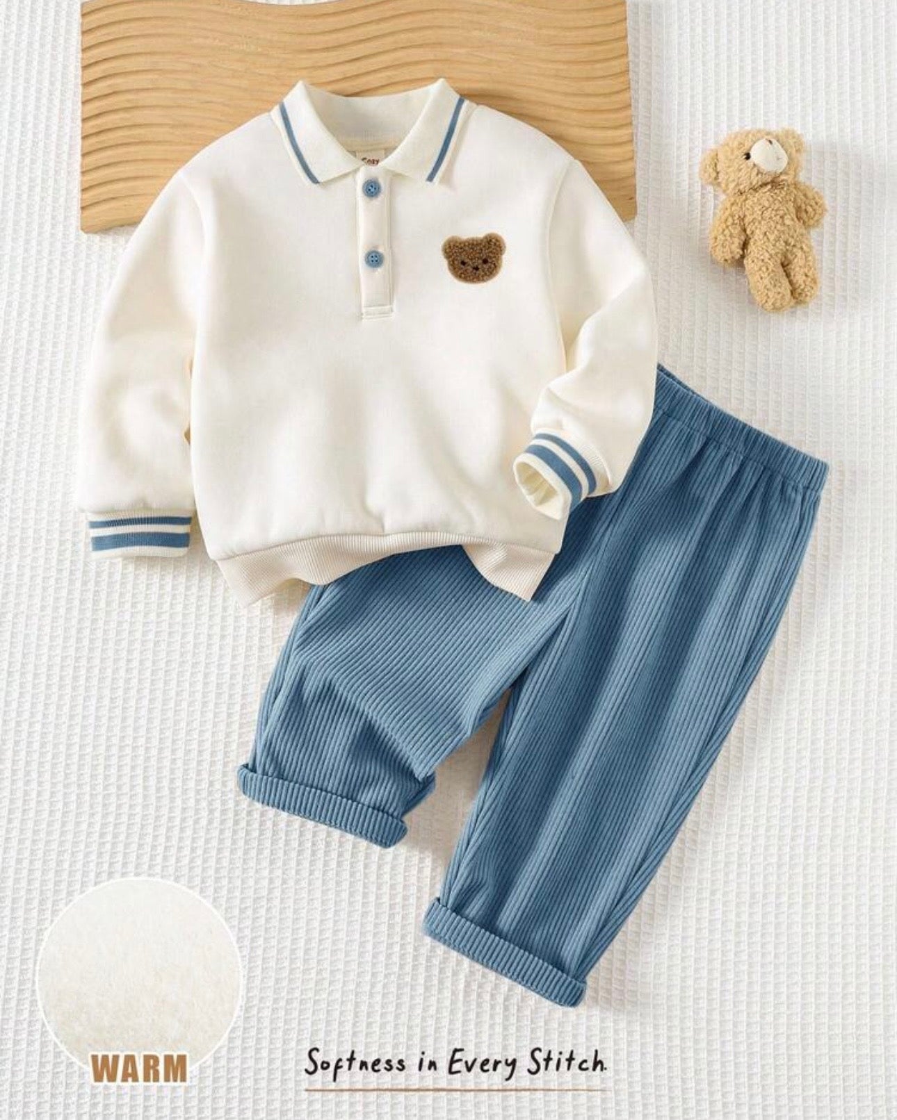2pcs Baby Boy Bear Knit Pullover Sweatshirt & Dusty Blue Winter Pants