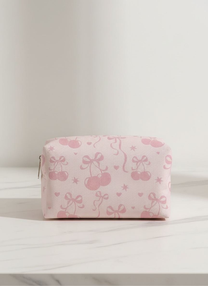 Bow-Knot Cherry Pattern Flannel Cosmetic Bag