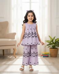 Girls Sleeveless Co-Ord Set – Purple Printed Embroidered Hem Top & Wide-Leg Pants