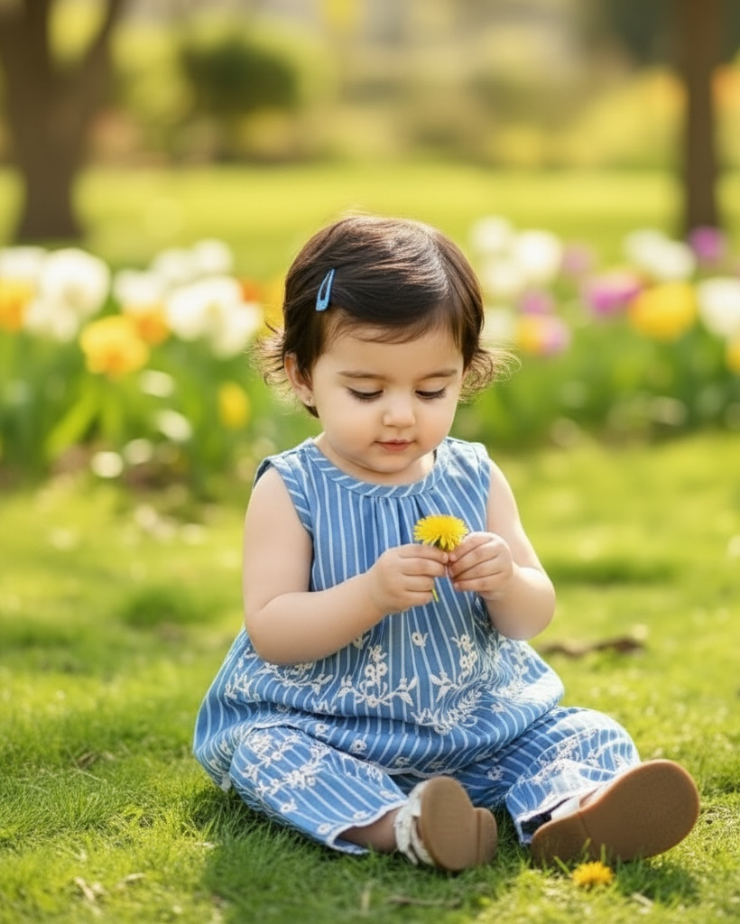 Baby Girls Blue Sleeveless Co-Ord Set – Printed Embroidered Hem Top & Wide-Leg Pants