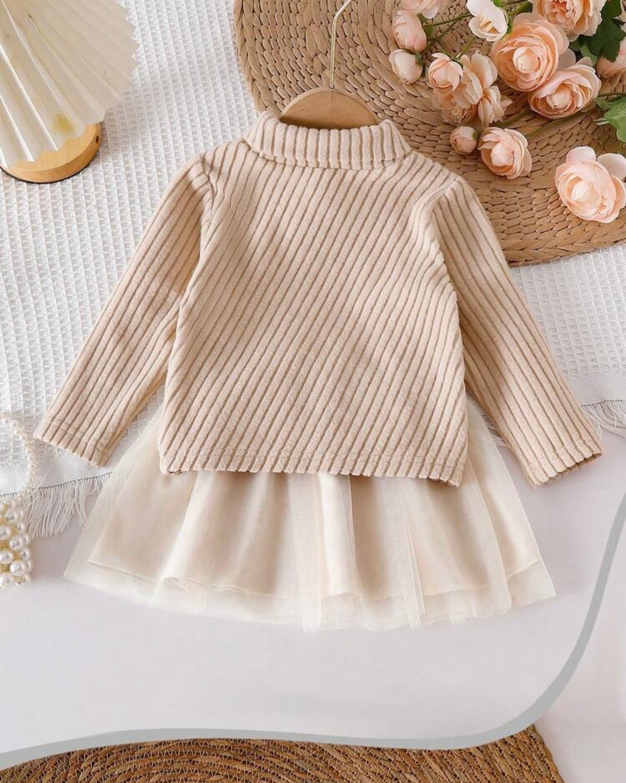 Baby Girl 2pc Beige Ribbed Turtleneck Top & Tulle Skirt Set