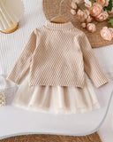 Baby Girl 2pc Beige Ribbed Turtleneck Top & Tulle Skirt Set