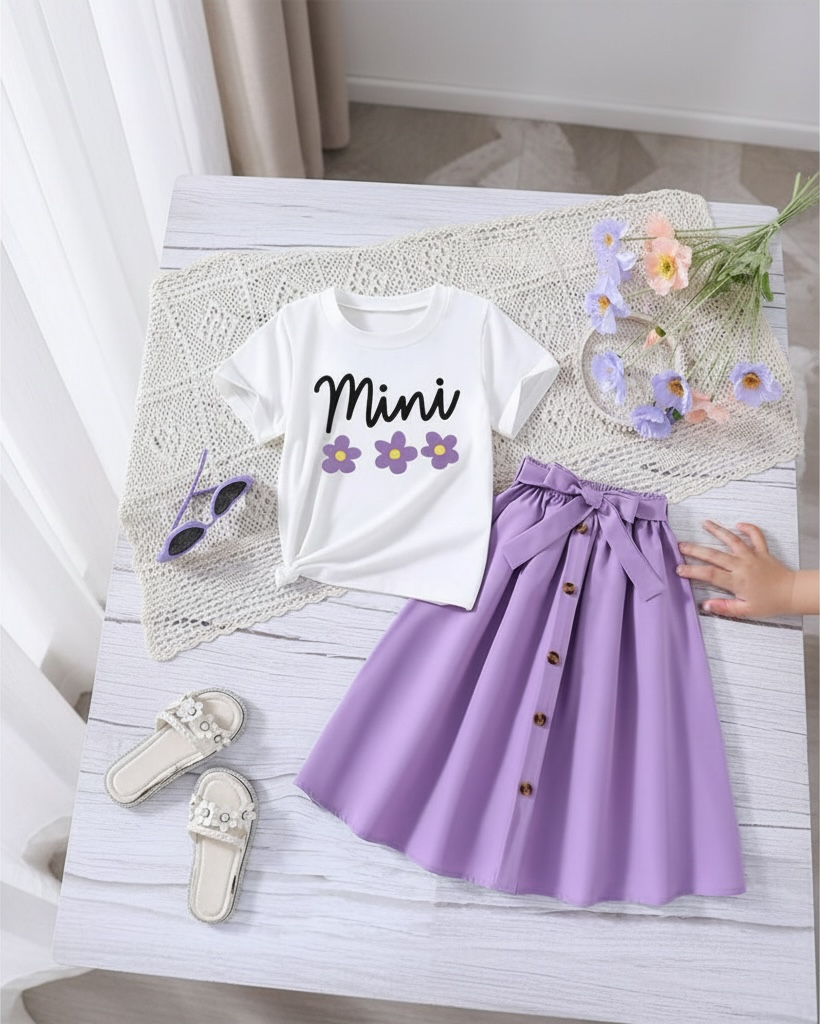 Girls Print Tee & Purple Belted Skirt Set